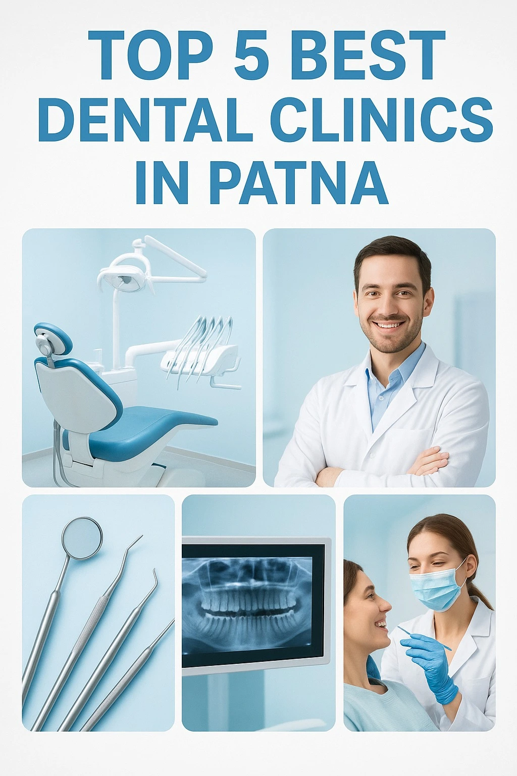 Collage showing modern dental equipment, dentist, and patient checkup representing top Dental Clinics in Patna.