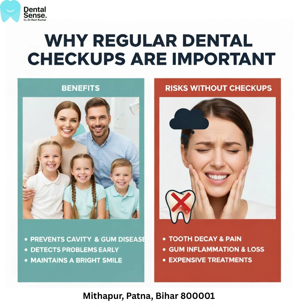 A comparison banner explaining the importance of Regular Dental Checkups, showing a smiling family representing dental health benefits and a woman with tooth pain showing risks of skipping dental checkups.