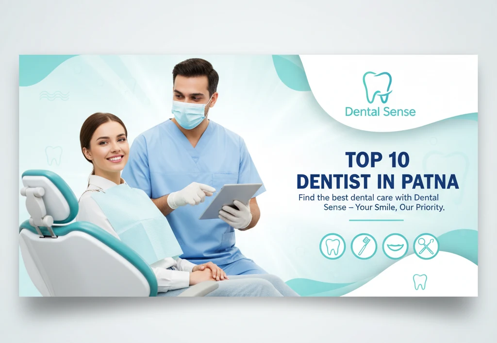 Smiling patient sitting on a dental chair with a dentist holding a tablet at Dental Sense clinic, featuring banner text “Top 10 Dentist in Patna – Find the best dental care with Dental Sense.