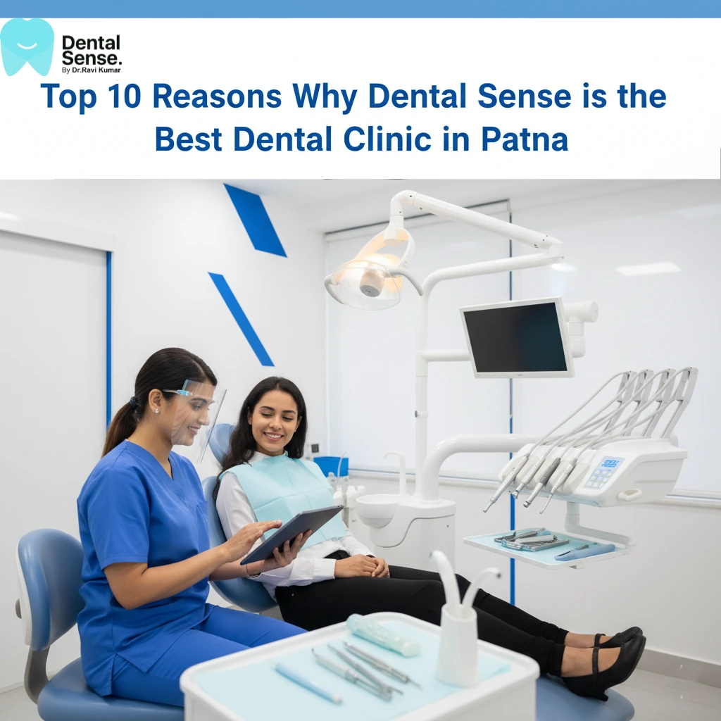 A dentist showing treatment details to a female patient inside a modern and well-equipped dental clinic in Patna.