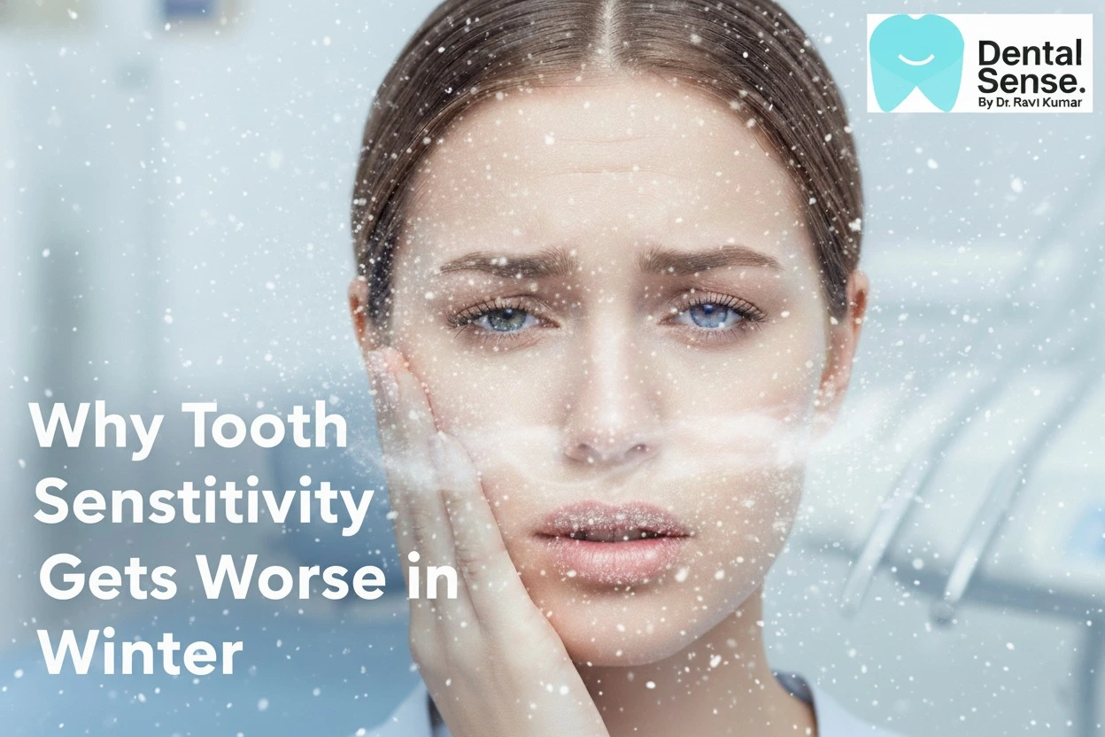 Woman experiencing tooth sensitivity in winter due to cold weather.