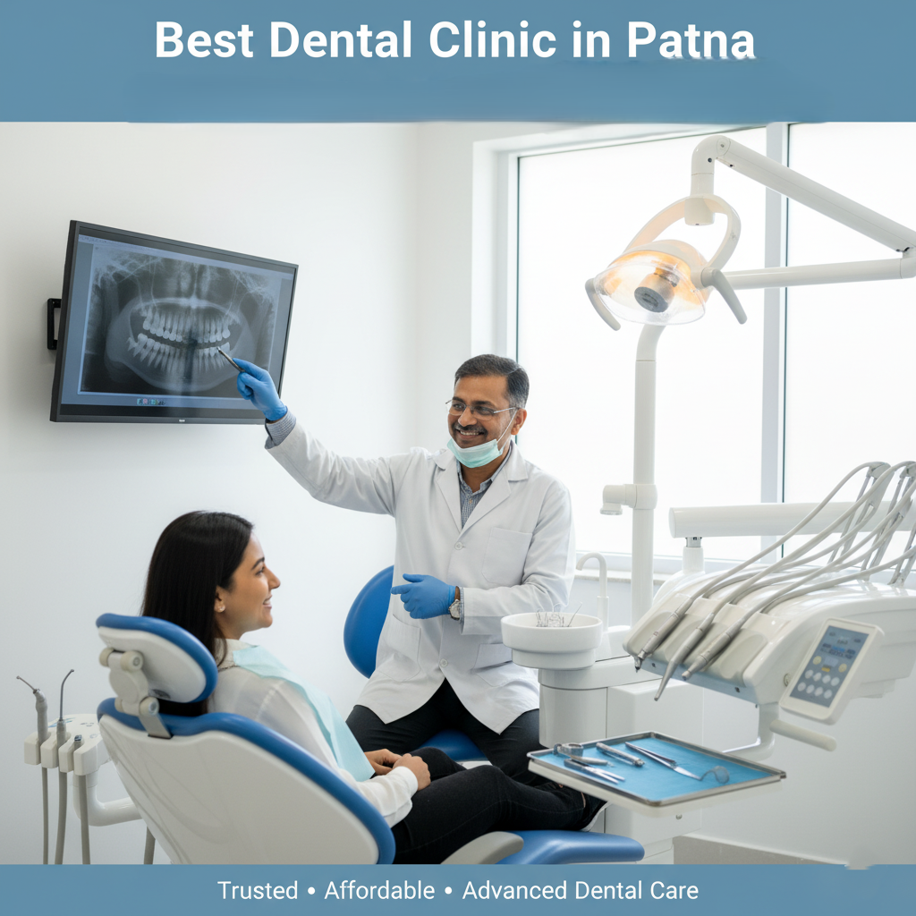 Best dental clinic in Patna with experienced dentist explaining X-ray to patient in modern clinic