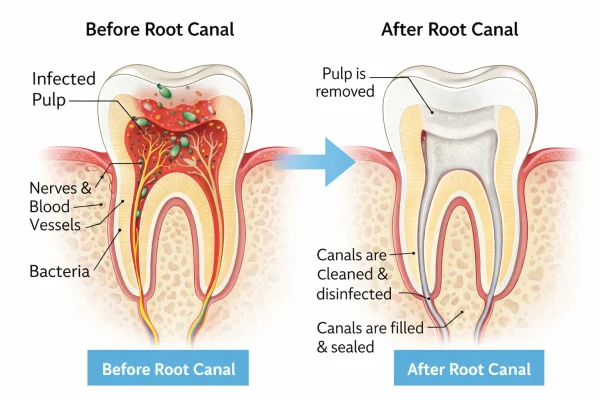 Before and after root canal treatment showing infected pulp cleaned and sealed at the best dental clininc in patna.